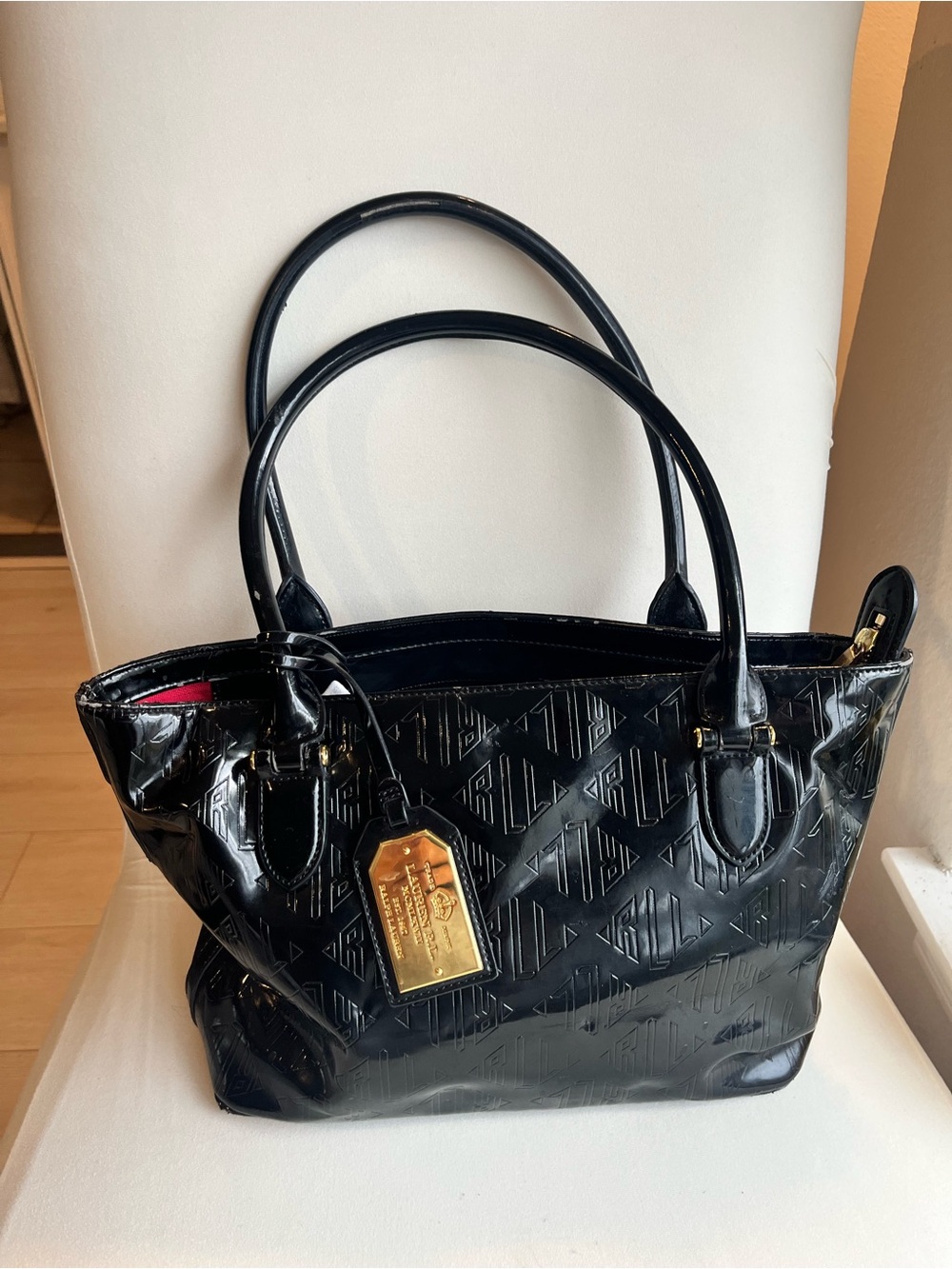 Polo by Ralph‎ Lauren Black Patent Tote with Gold Tag Accent